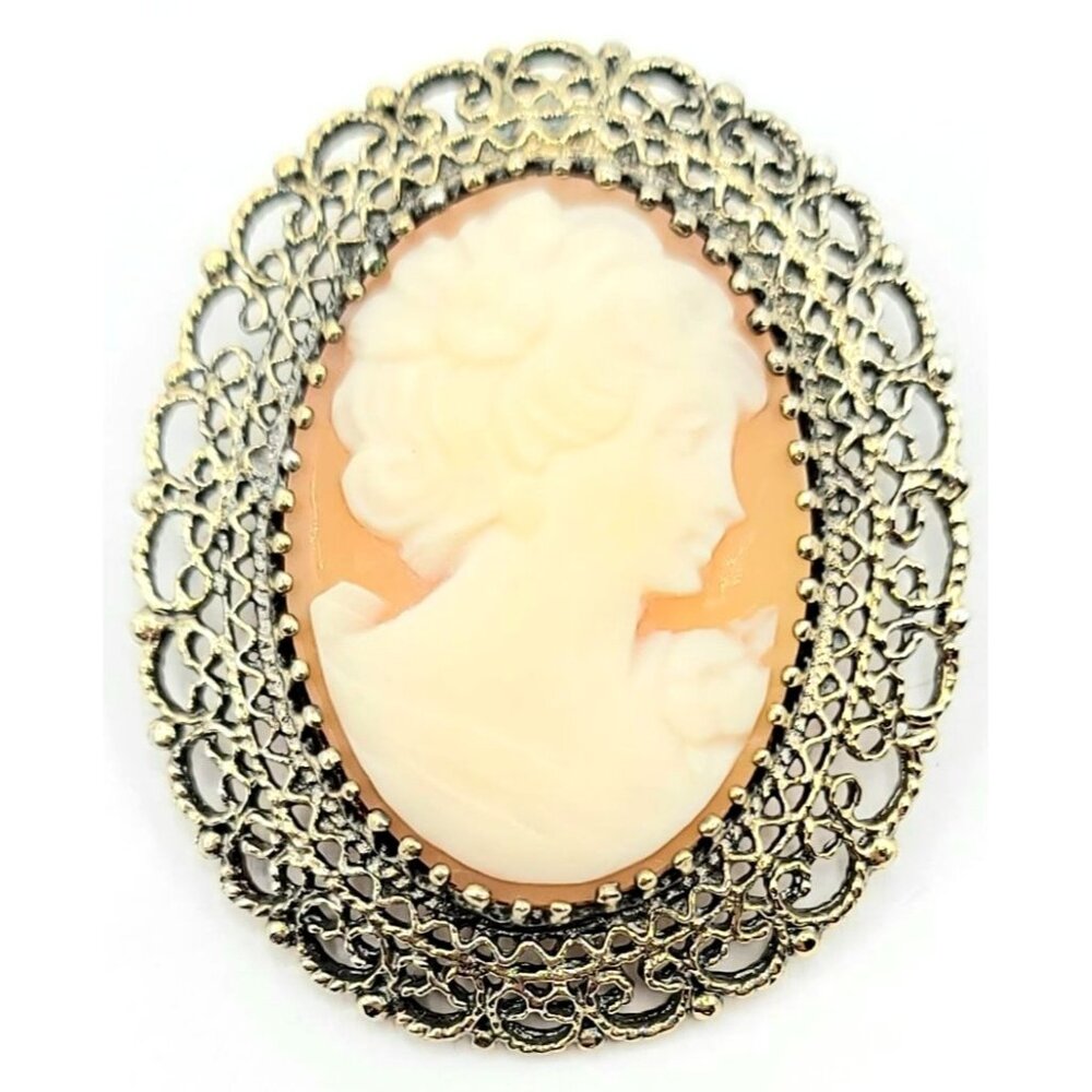 Vintage Sterling Shell Cameo Brooch Pendant Signed